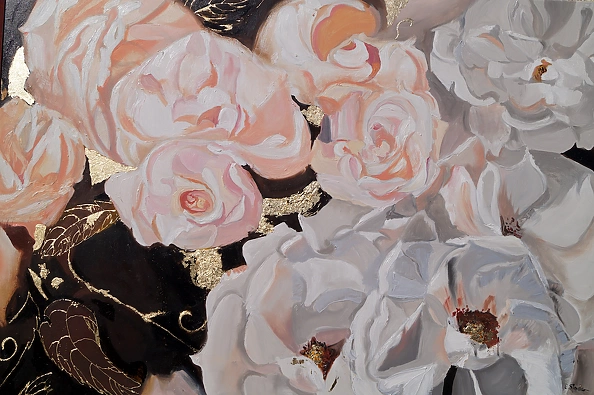 Ewa Słodzińska - Pink and beige roses Oil painting 100/140 cm