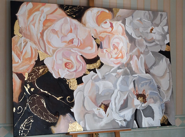 Ewa Słodzińska - Pink and beige roses Oil painting 100/140 cm