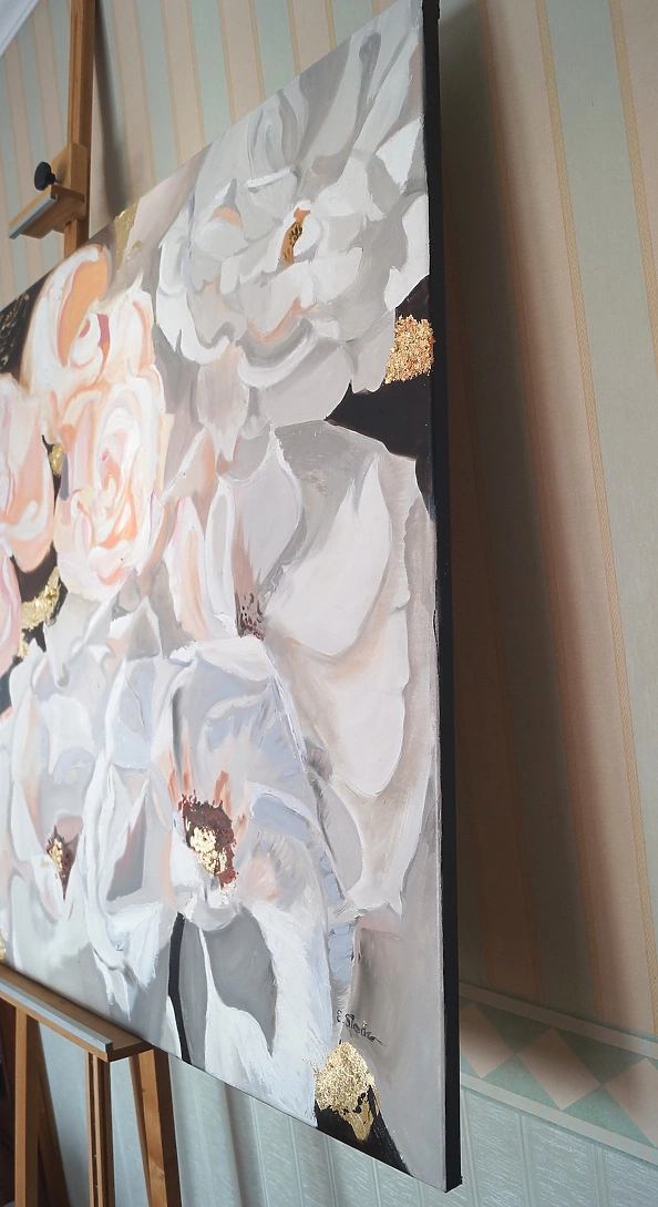 Ewa Słodzińska - Pink and beige roses Oil painting 100/140 cm