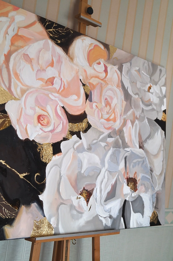 Ewa Słodzińska - Pink and beige roses Oil painting 100/140 cm