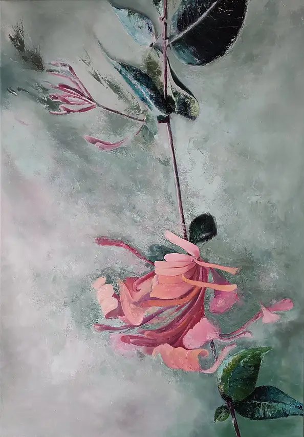 Jolanta Mazur, fleur rose, Peinture à l'huile - toile, 70 x 100