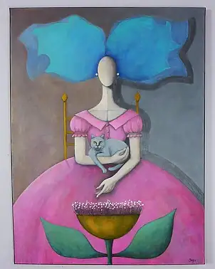 Bożena Kamińska, "Sogno rosa con un gatto", Dipinto acrilico - , 60 x 80