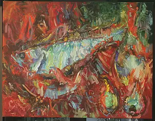 Eryk Maler - Fish on red, 70x90 cm, 2010