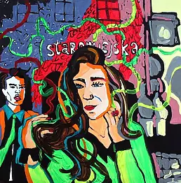 Justyna Sołowiej, Ритм города черный воротник, Акрилова картина - холст, 70 x 60