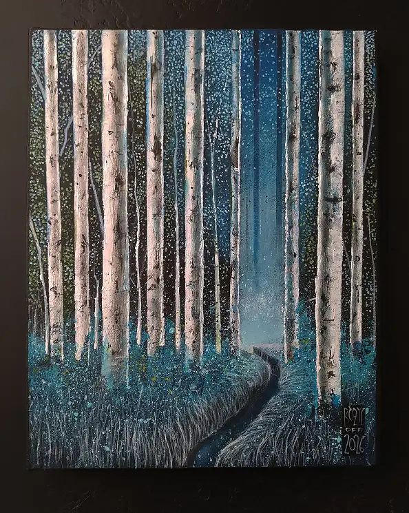 Dariusz Franciszek Różyc, SAKKAKU series ''Birches'', Acrylic painting - canvas, 20 x 30
