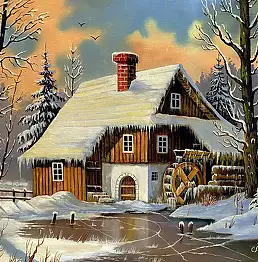 Czesław Szwajkosz, UŚPIONY MŁYN, Obraz olejny - płótno, 46 x 35
