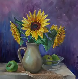Izabela Krzyszkowska, ПОДСОЛНУХИ и зеленые яблоки, Масляная картина - плита, 40 x 40