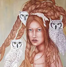 EWA KRUKOWSKA, СОВЫ, Масляная картина - холст, 70 x 80