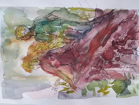 Anna Borcz, UNE PROMENADE avec une dame en robe rouge, Aquarelles - papier, 30 x 40