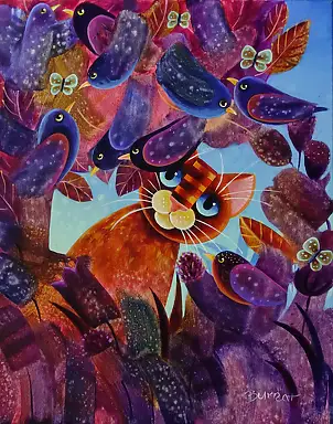 Wiesława Burnat, Geflügelte Gesellschaft, Acrylgemälde - Leinwand, 40 x 50