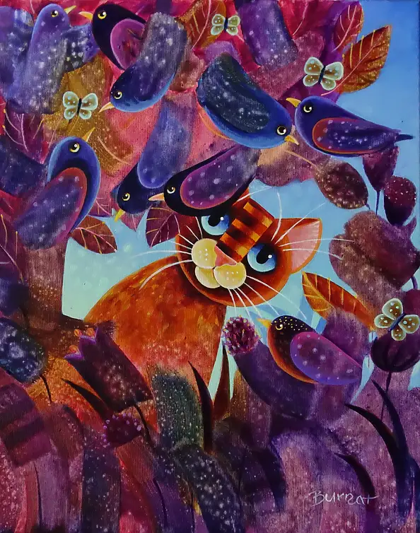 Wiesława Burnat, Geflügelte Gesellschaft, Acrylgemälde - Leinwand, 40 x 50