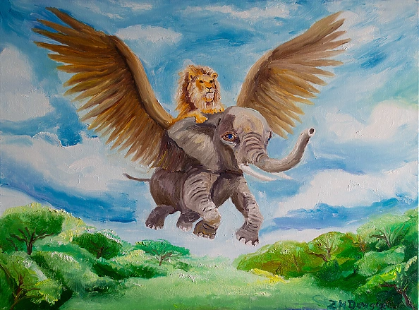 Zbigniew Dowgiałło - Elephant and lion in Africa