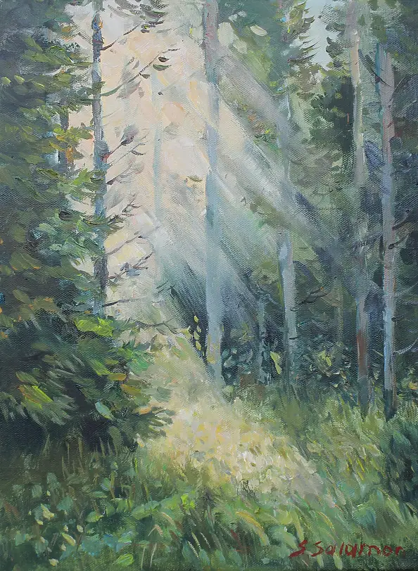 Sabina Salamon, The sun in the forest, Oil painting - canvas, 30 x 40