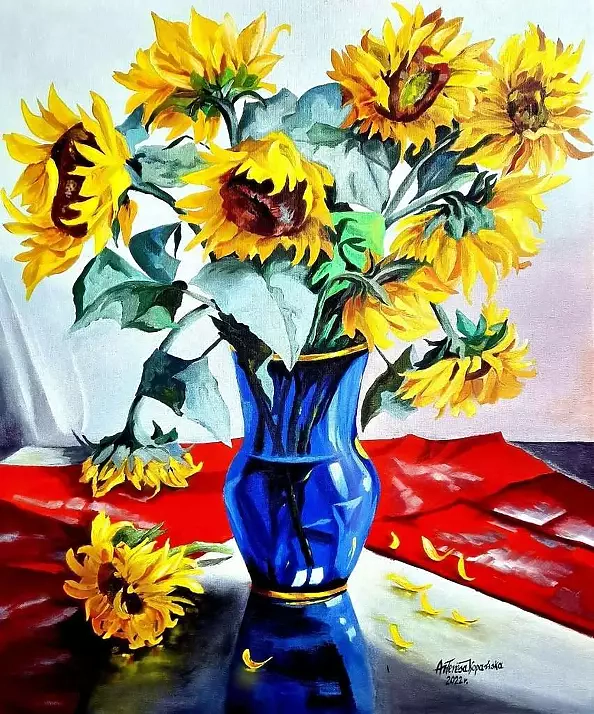 Teresa Kopańska - "Sunflowers on the table" - oil on canvas