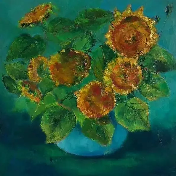Anna Michalczak - Sunflowers in a blue vase.