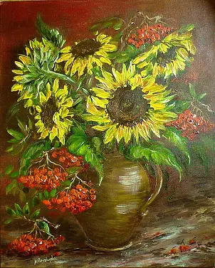   - Sunflowers in a jug with a roan-tree