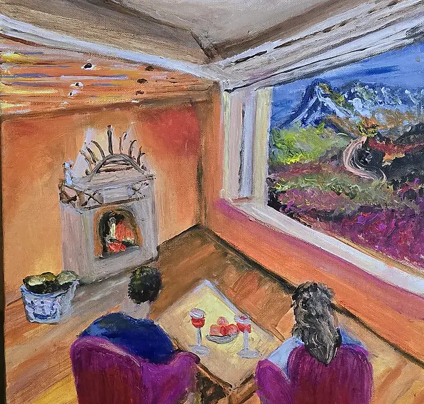 Krystyna Mościszko - Breakfast by the Fireplace, painting on canvas 40x40x2 cm