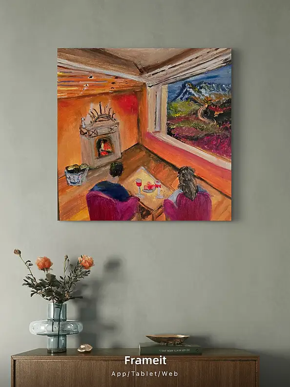 Krystyna Mościszko, Frühstück am Kamin, Gemälde auf Leinwand 40x40x2 cm, Acrylgemälde - Leinwand, 40 x 40