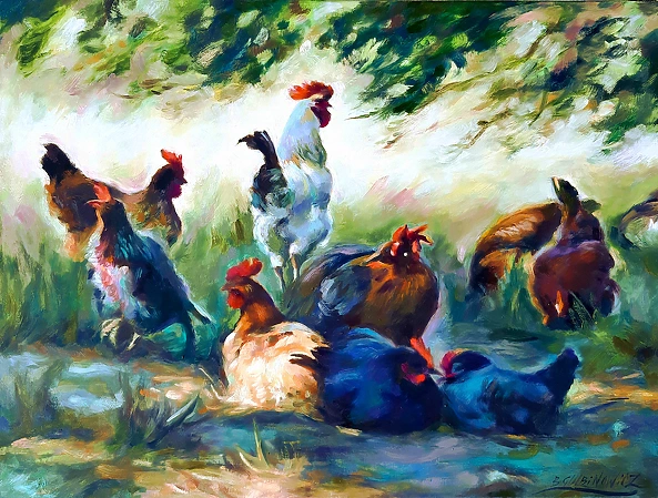 Barbara Gulbinowicz - Flock of chickens in the garden