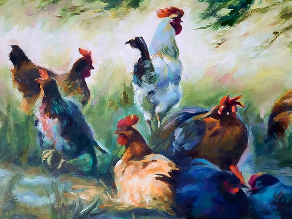 Barbara Gulbinowicz - Flock of chickens in the garden