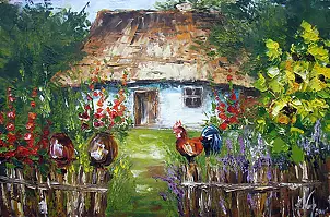 Anna Wach - Vecchio cottage e un gallo su un recinto