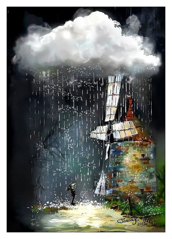 Teresa Kopańska, Un vecchio mulino a vento si erge nel campo. Il vento gioca con le sue ali storte., Acquarelli, Guazzo - carta, 21 x 31