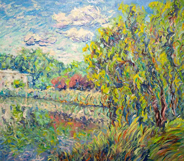 Marcin Stępniowski, Pond in the park. Summer., Oil painting - board, 80 x 70