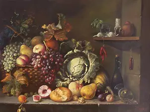 Angelo Timpanaro - Martwa natura z peperoncino i stłuczonym kieliszkiem