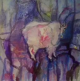 Marzena Salwowska, Steiler Pfad in den Diamond Mountains/Ziegen, die hoch hinausgingen..., Acrylgemälde, Tinte - Leinwand, 37 x 37