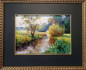 Paweł Łącki, Un ruisseau au milieu des prairies, Peinture à l'huile - toile, 35 x 25