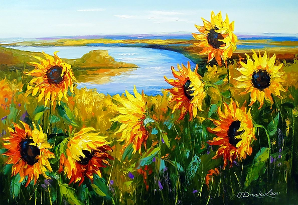 Olha Darchuk - Sunflowers in the wind by the river 