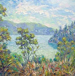 Marcin Stępniowski, „Licht auf dem Wasser, Sommerlandschaft“, Ölbild - Platte, 100 x 80