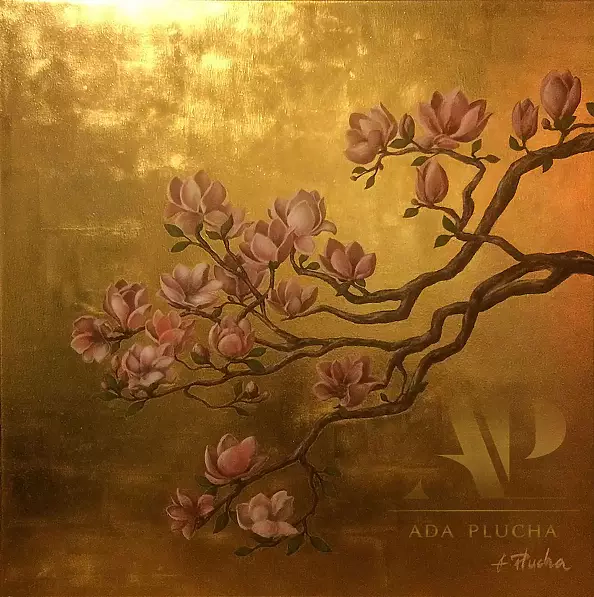 Adriana Plucha - "Luminous Silence" from the series "Gardens of the World" - Asia. Thought gold 23.75 ct., Own technique, picture on canvas, 80 x 80 cm, 2017.