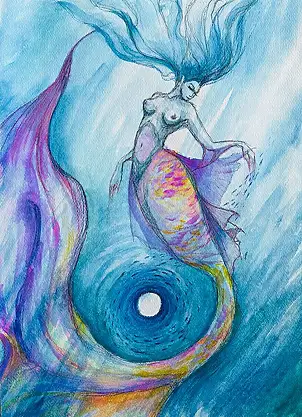 Adriana Laube, "La sirena e la luna piena", Acquerelli, pastello, Tecniche miste - carta, 30 x 42