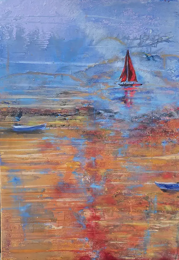 Ewa Mościszko, Scarlet Sail, Acrylic painting - canvas, 70 x 100