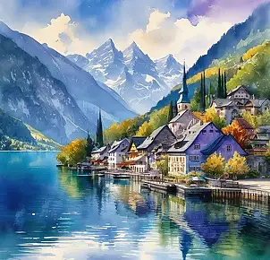 Emilia Czupryńska, Schweiz, Berge und eine Stadt am See, Ölbild - , 90 x 90