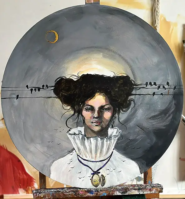 Adriana Laube, "Colei alla quale sussurrano gli uccelli", Dipinto acrilico - tela, 70 x 70