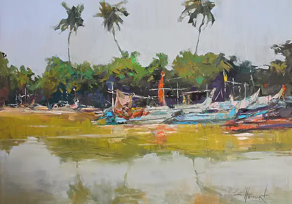 Henadzy Havartsou, Tam, gdzie zbierają się łodzie, Obraz olejny - płótno, 70 x 50
