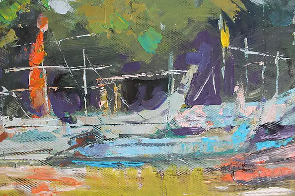 Henadzy Havartsou, Tam, gdzie zbierają się łodzie, Obraz olejny - płótno, 70 x 50