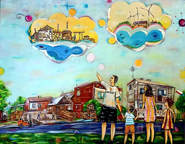 Patryk Tylec, Sawmill, Acrylic painting, Mixed media - canvas, 100 x 80