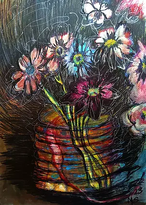 Marzena Salwowska - Tenebrismo di fiori in un vaso colorato
