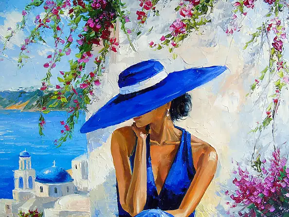 Olha Darchuk, The Blue Dream of Santorini, Obraz olejny - płótno, 80 x 80