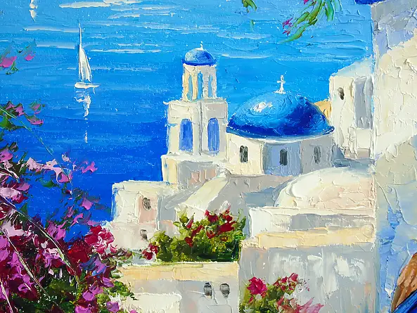 Olha Darchuk, The Blue Dream of Santorini, Obraz olejny - płótno, 80 x 80