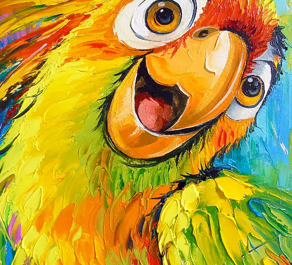 Olha Darchuk, The Excitement of a Colourful Parrot, Obraz olejny - płótno, 40 x 40