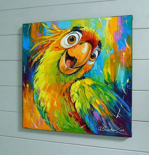 Olha Darchuk, The Excitement of a Colourful Parrot, Obraz olejny - płótno, 40 x 40