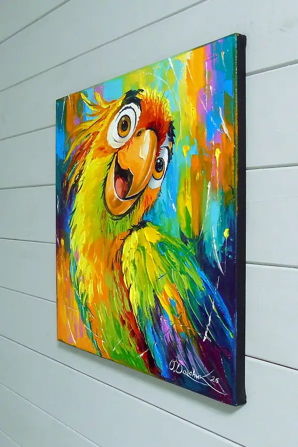 Olha Darchuk, The Excitement of a Colourful Parrot, Obraz olejny - płótno, 40 x 40