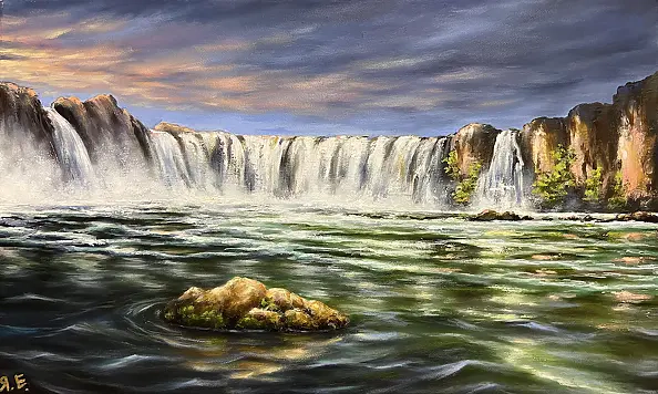 Yana Yeremenko - "La magia della cascata" dipinto a olio, paesaggio