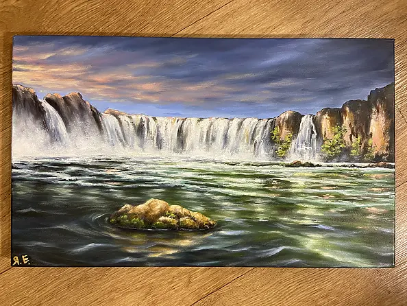 Yana Yeremenko - "La magia della cascata" dipinto a olio, paesaggio