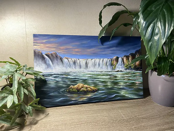 Yana Yeremenko - "La magia della cascata" dipinto a olio, paesaggio