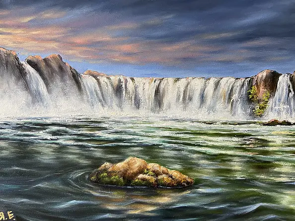Yana Yeremenko - "La magia della cascata" dipinto a olio, paesaggio